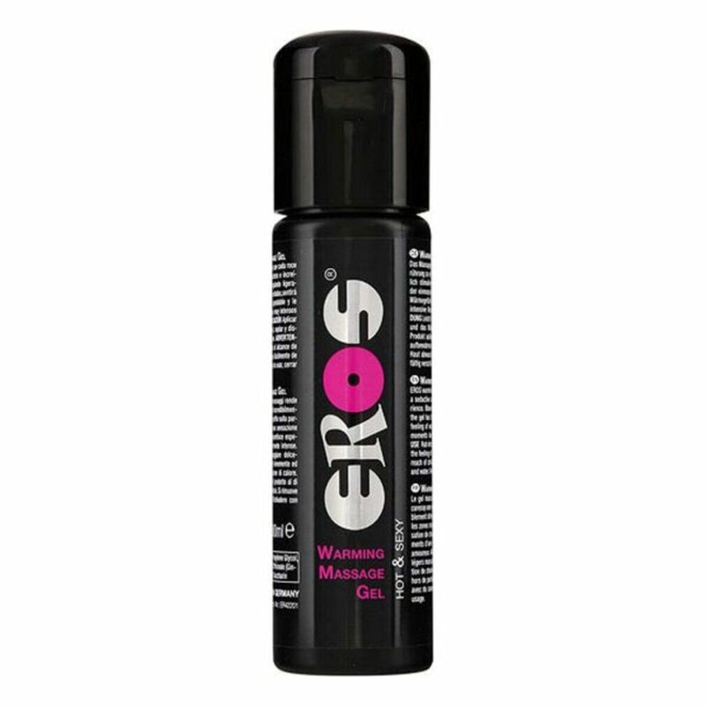 Schwarze Flasche mit rosa Logo und Schriftzug 'Eros'. Text: 'Warming Massage Gel'.