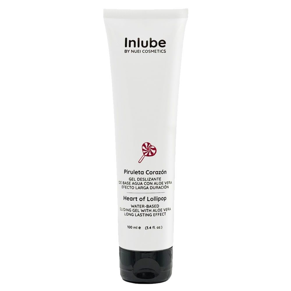 Weiße Tube mit schwarzem Deckel. Aufschrift: InLube, by NUEI Cosmetics. Produktname: Heart of Lollipop. Text in Spanisch und Englisch.