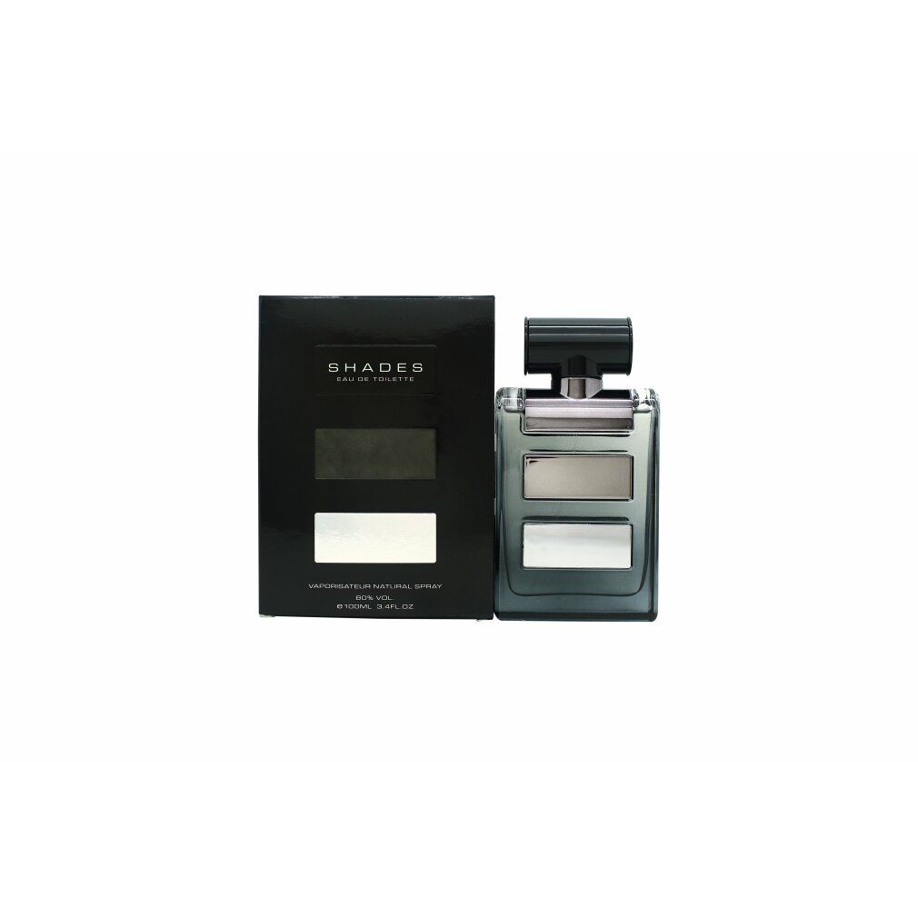 Dunkle Schachtel und Flakon. Flakon mit drei rechteckigen Feldern. Schwarzer Deckel. Text: SHADES Eau de Toilette.