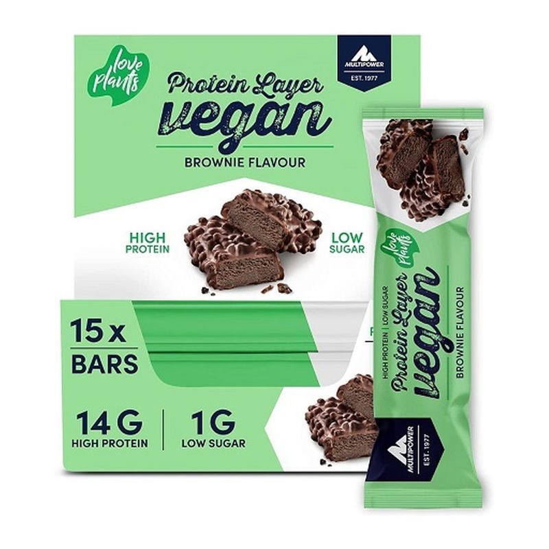 Verpackung mit 15 Proteinriegeln, vegan, Brownie-Geschmack. Einzelner Riegel daneben. Aufschrift: High Protein, Low Sugar. Marke: Multipower.