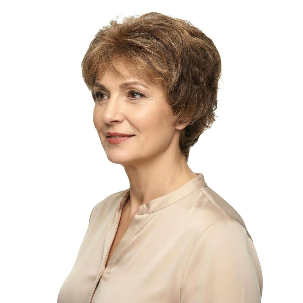 Kurzhaarperücke mit braunen und blonden Strähnen. Frau trägt beige Bluse. Seitenansicht.