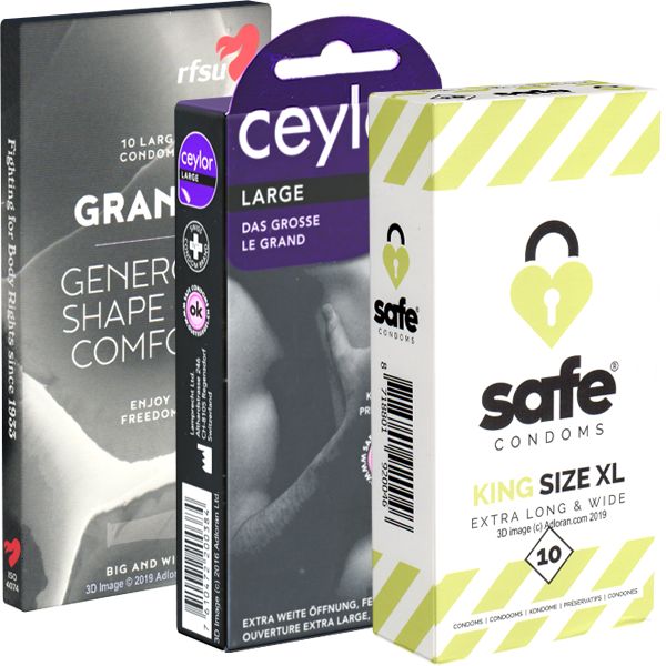Drei Kondom-Verpackungen: "Grand", "ceyl", und "safe". "Safe" in gelb-weiß, "ceyl" in Lila, "Grand" in Schwarz-Weiß. Alle mit Produktinformationen.