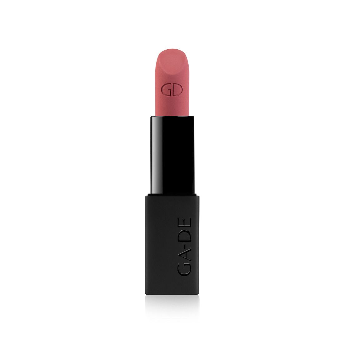 Lippenstift mit rosafarbenem Stift und schwarzer Hülse. Auf dem Stift ist "GD" eingeprägt. Auf der Hülse steht "GA-DE".
