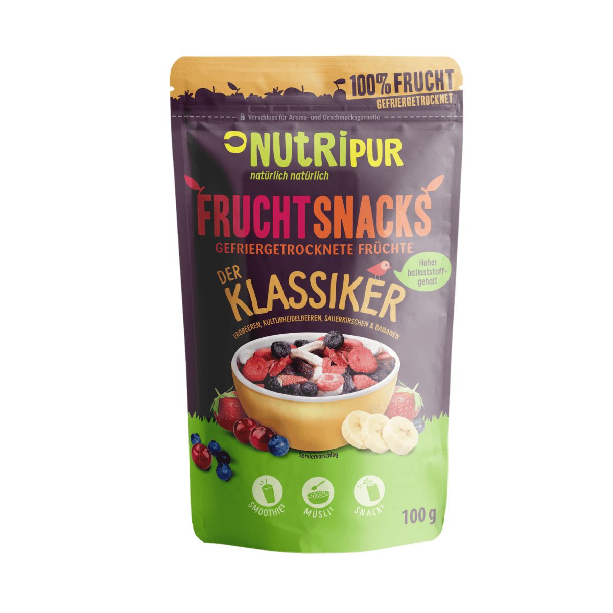 Beutel mit gefriergetrockneten Früchten. Aufschrift: NutriPur, Frucht Snacks, Der Klassiker. 100% Frucht.