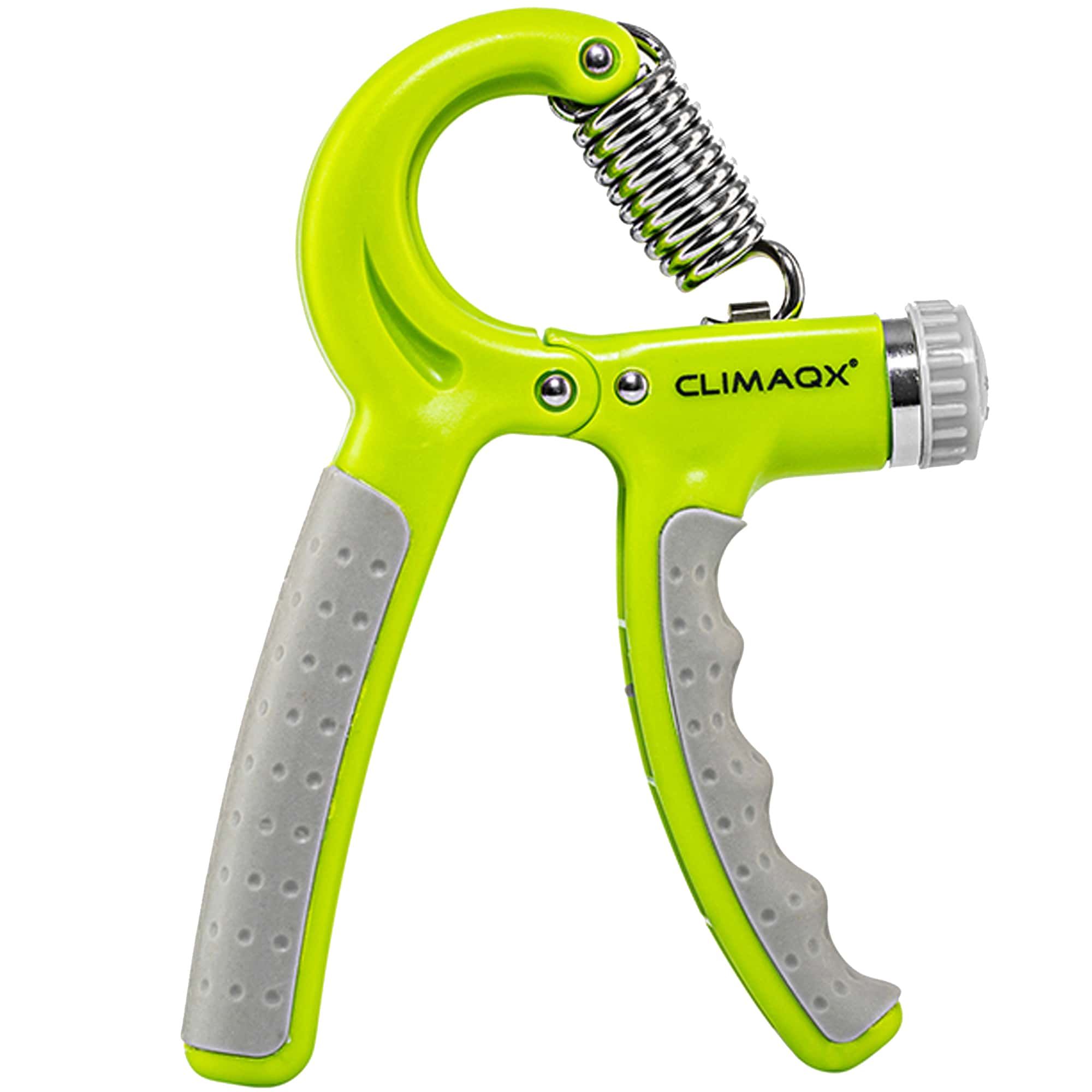 Grüner Unterarmtrainer mit grauen Griffen und Feder. Mit dem Schriftzug CLIMAQX.