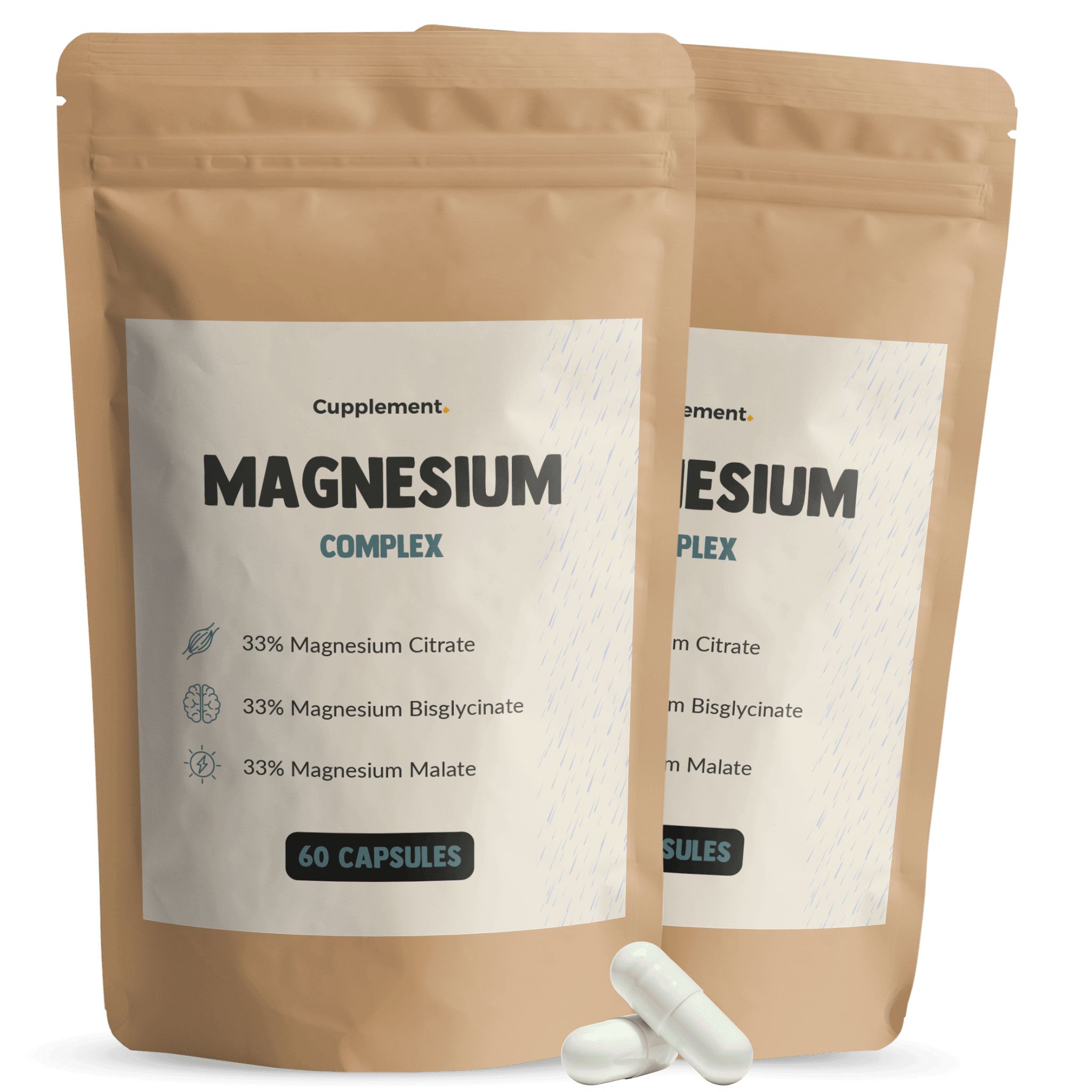 Zwei braune Beutel mit Magnesium Komplex Kapseln, daneben zwei weiße Kapseln.