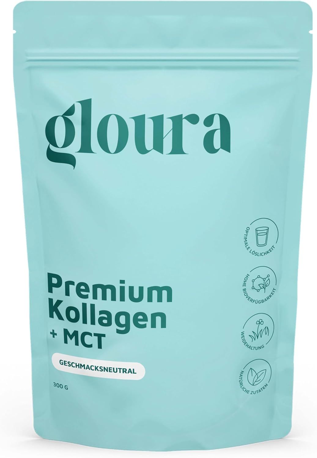 Hellblaues Produktbeutel mit Gloura-Logo. Text: Premium Kollagen + MCT, geschmacksneutral, 300g. Symbole für Löslichkeit, Bioverfügbarkeit.
