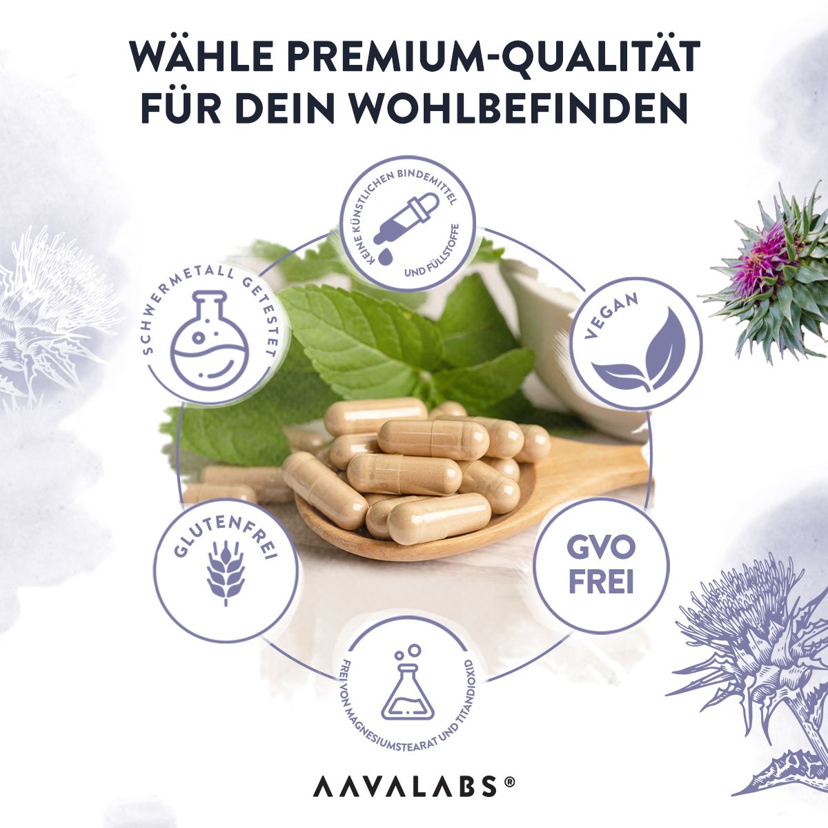 Kapseln auf einem Löffel. Symbole: Glutenfrei, Vegan, Non-GMO. AAVALABS Logo.