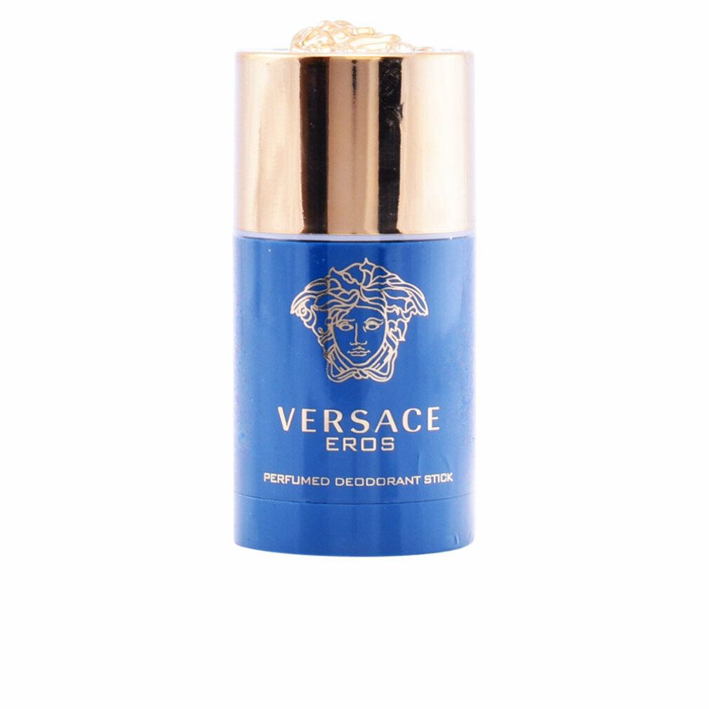 Blauer Deostift mit goldfarbenem Deckel. Aufschrift: VERSACE EROS PERFUMED DEODORANT STICK. Goldfarbenes Medusa-Logo.