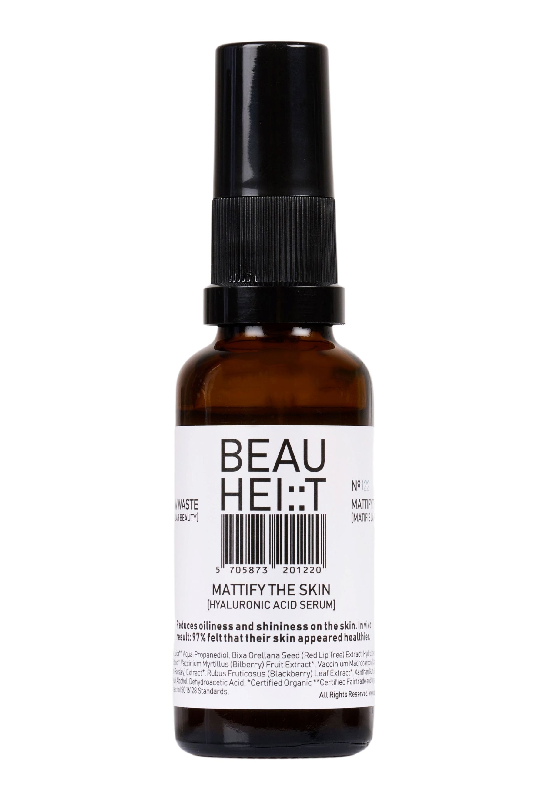 Braunglasflasche mit schwarzem Sprühkopf. Etikett mit Produktnamen und Barcode. Text: "Mattify the Skin Hyaluronserum".