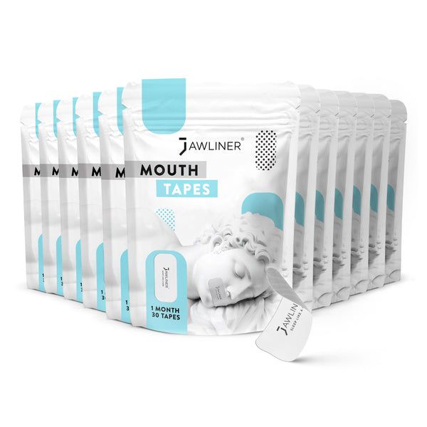 Mehrere Beutel mit Aufschrift "JAWLINER MOUTH TAPES". Aufdruck: Statue, 1 Monat, 30 Tapes. Weiße Verpackung mit blauem Akzent.