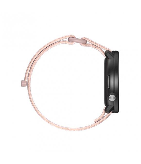 Schwarze Smartwatch mit rosa Armband. Seitliche Ansicht mit Knopf. Polar-Logo nicht sichtbar.