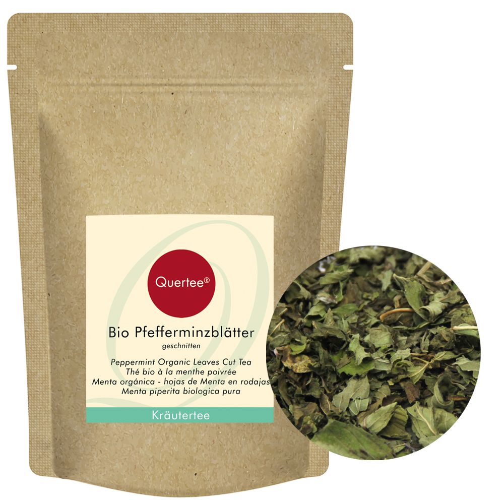 Quertee® Bio Pfefferminzblätter in brauner Verpackung. Kleines rundes Bild zeigt getrocknete Blätter. Text auf Etikett.