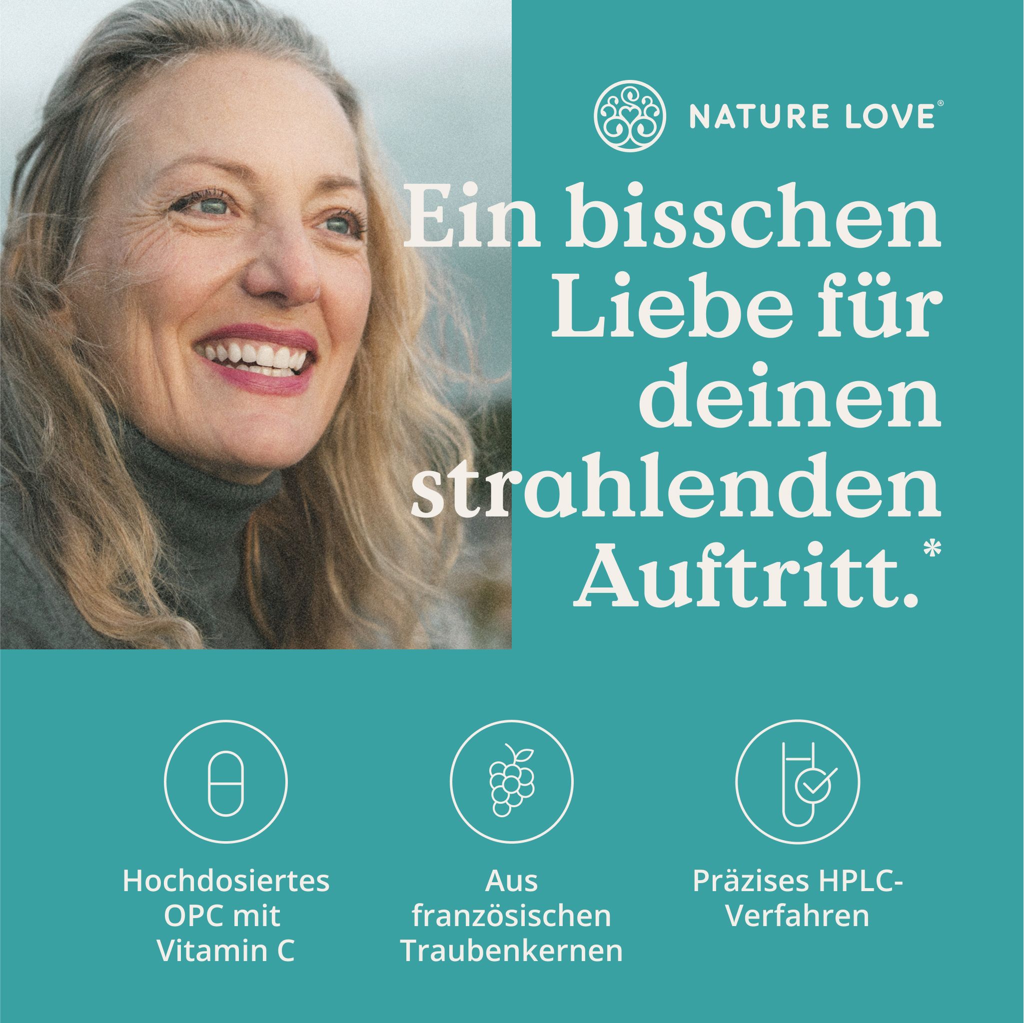 Frau lächelt. Symbole: Kapsel, Trauben, HPLC-Verfahren. Text: Hochdosiertes OPC mit Vitamin C, aus französischen Traubenkernen.