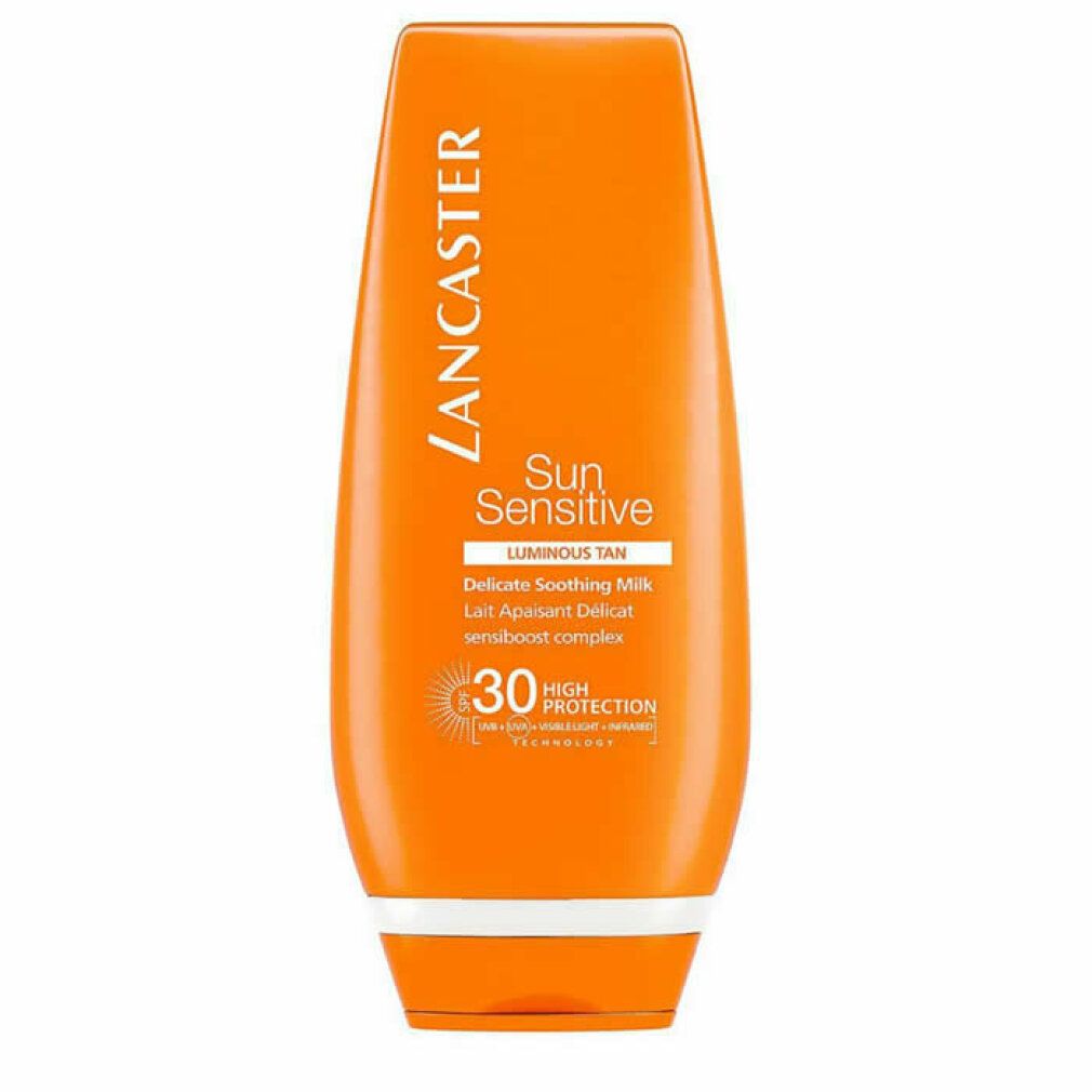 Orange Tube. Lancaster Sun Sensitive Luminous Tan SPF 30. Milch. Text.