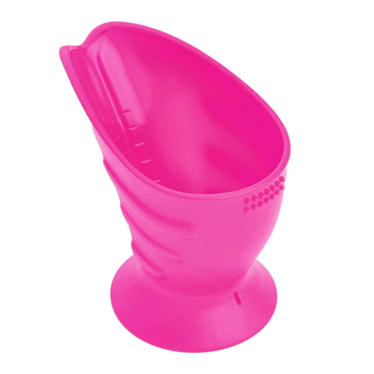 Pinkfarbener CamoCup Trinklernbecher. Konische Form mit geriffelter Oberfläche und Standfuß. Skalierung.