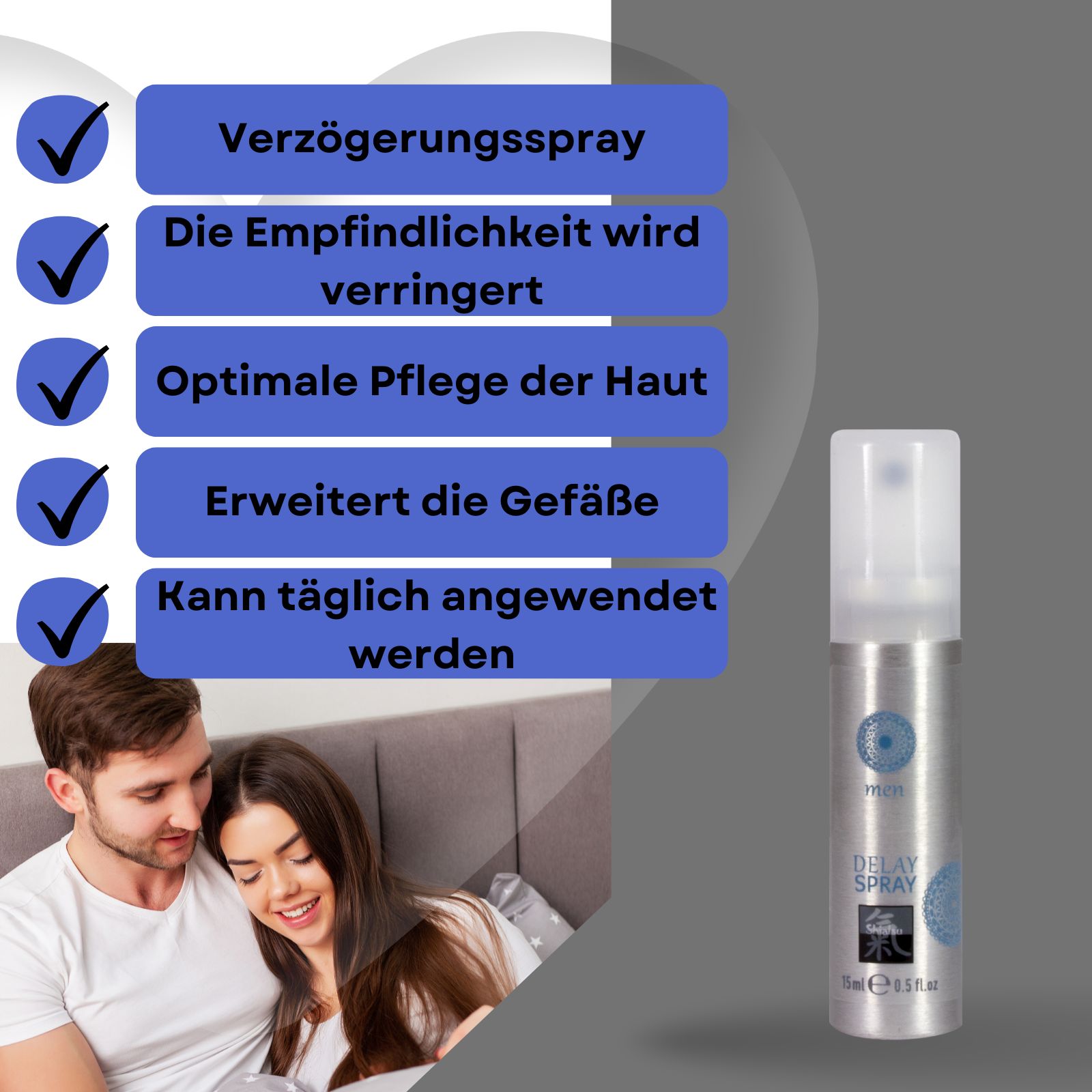 Sprühflasche und Text. Text: Verzögerungsspray, Empfindlichkeit verringert, optimale Hautpflege, Gefäße erweitert.
