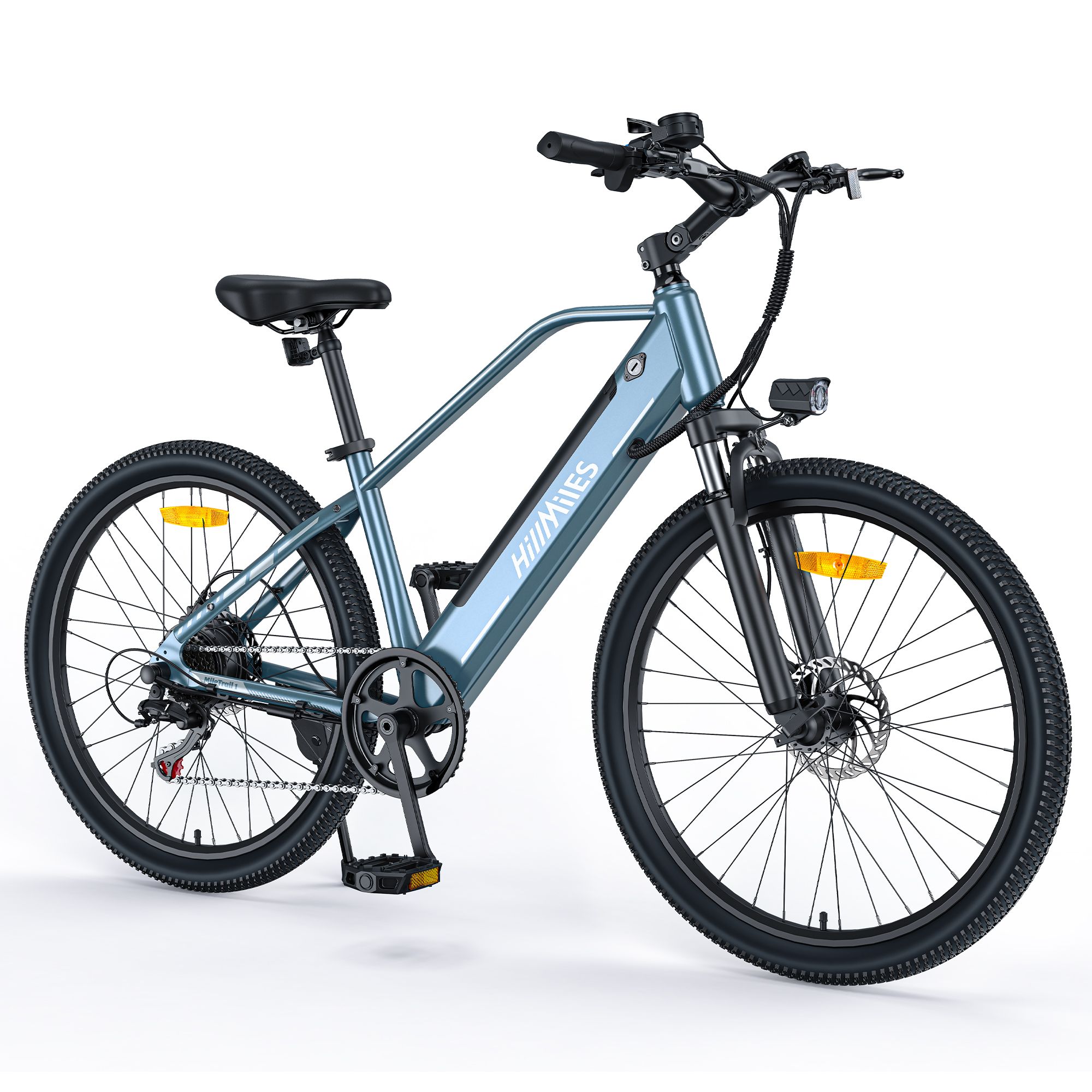 Blaues Elektrofahrrad mit 26-Zoll-Rädern. Sichtbar sind Lenker, Sattel, Pedale, Scheinwerfer und das HillMiles-Logo.