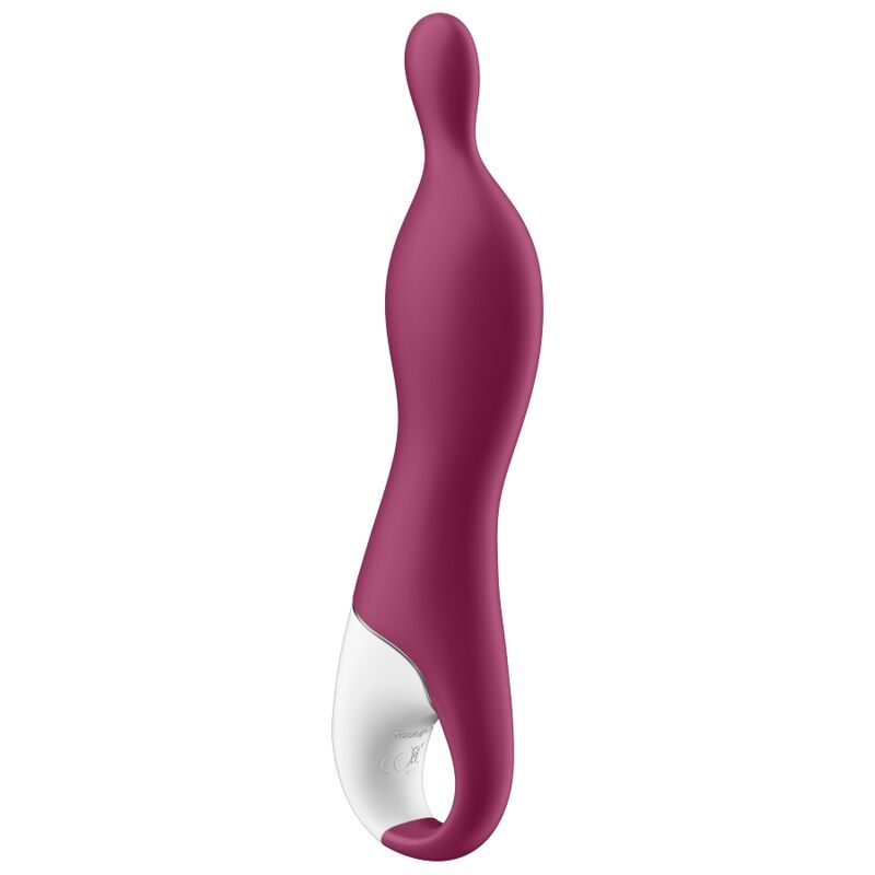 Weinroter Vibrator mit weißem Griff. Geschwungene Form mit abgerundeter Spitze. Aus Silikon.