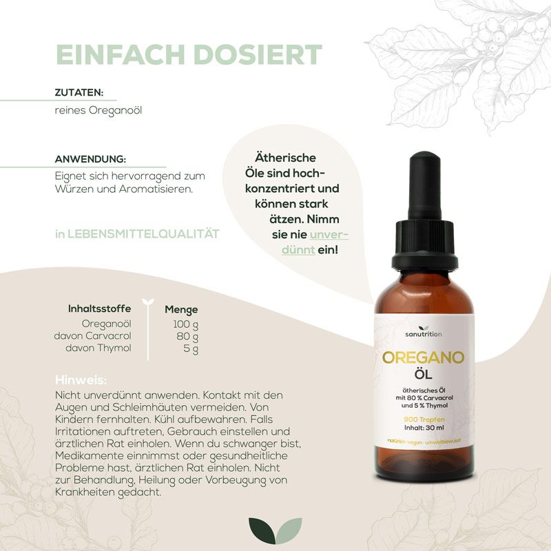 Braune Glasflasche mit Oreganoöl und Pipette. Text: 'Oregano Öl' und '900 Tropfen'. Inhaltsstoffe und Anwendungshinweise.