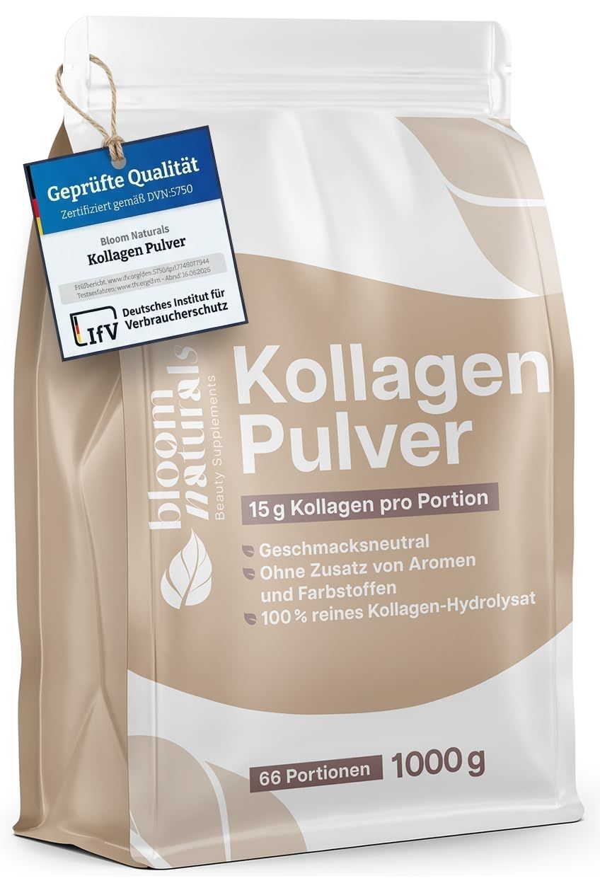 Beutel mit Bloom Naturals Kollagen Pulver. Enthält 1000g, 66 Portionen. Mit Zertifikat "Geprüfte Qualität".