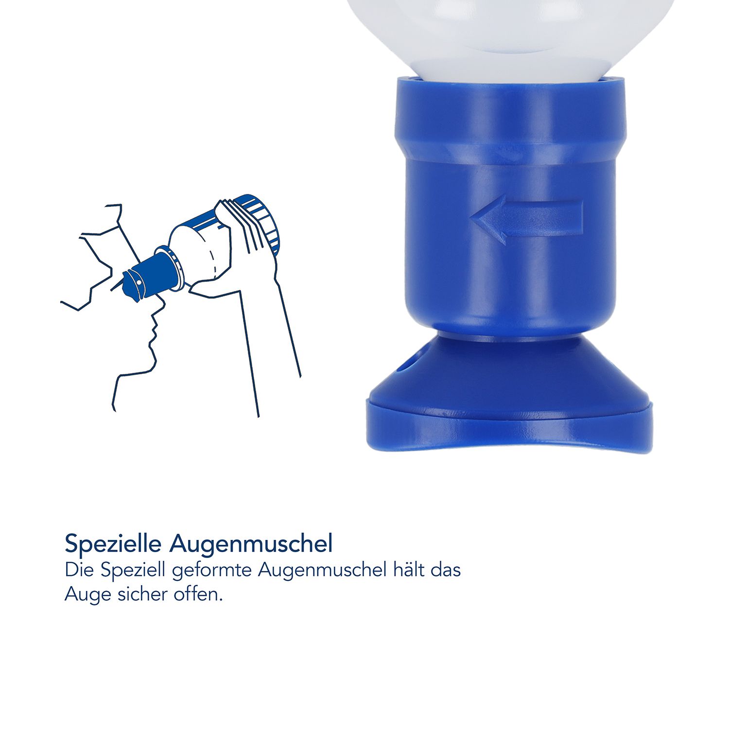 Blaue Basis mit Augenspülvorrichtung. Zeichnung einer Person, die das Auge spült.