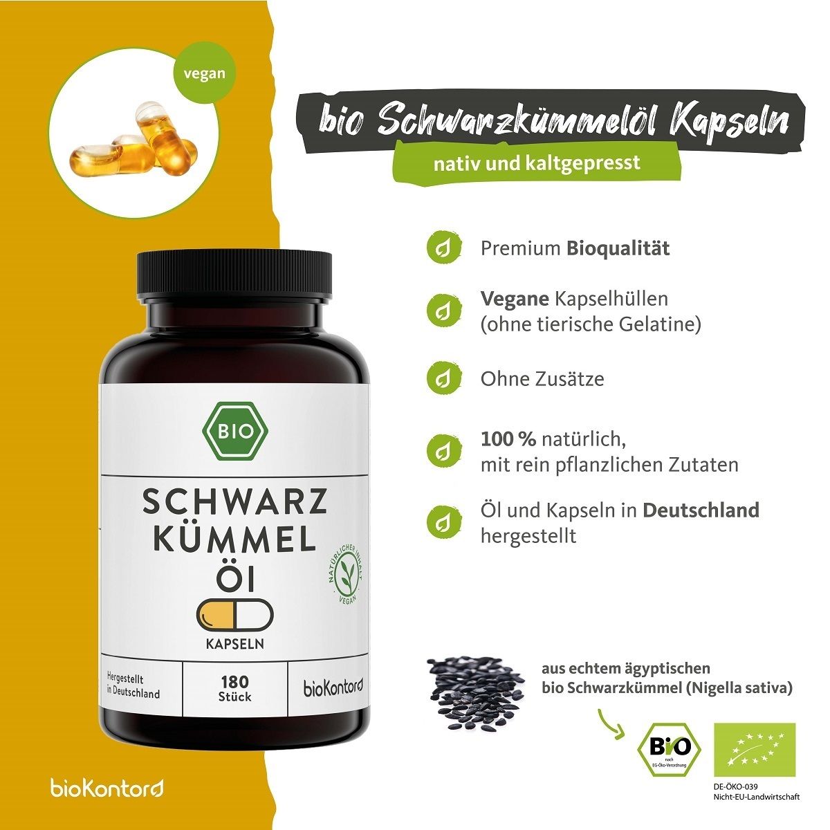 Braune Flasche mit Kapseln und Infografik. Aufschrift: SCHWARZKÜMMEL ÖL KAPSELN. BIO-Siegel. Vegan-Logo. Marke: biokontor. 180 Stück.