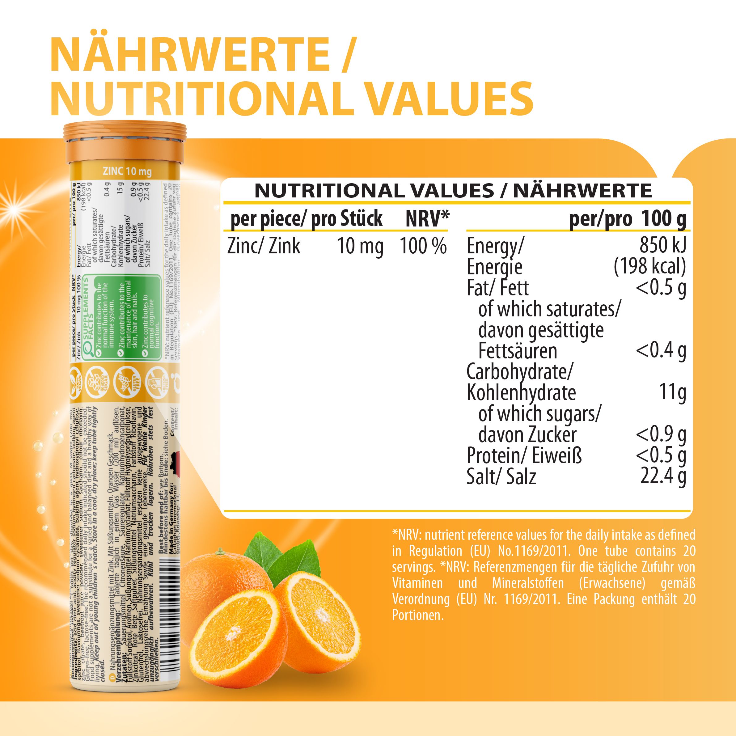 Nährwerttabelle: Energie, Fett, Kohlenhydrate, Zucker, Eiweiß, Salz. EVÄM Zink, 10 mg.