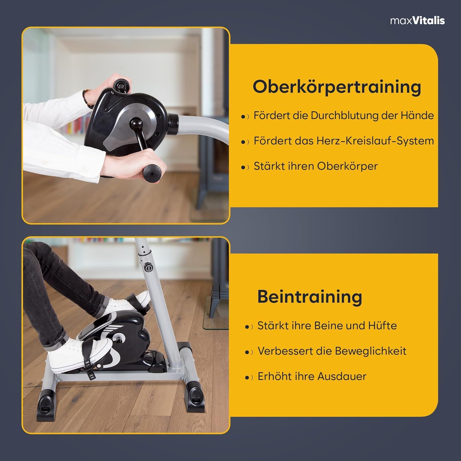 Arm- und Beintrainer. Oberkörpertraining und Beintraining. Text: Fördert Durchblutung, stärkt Muskeln, verbessert Beweglichkeit.