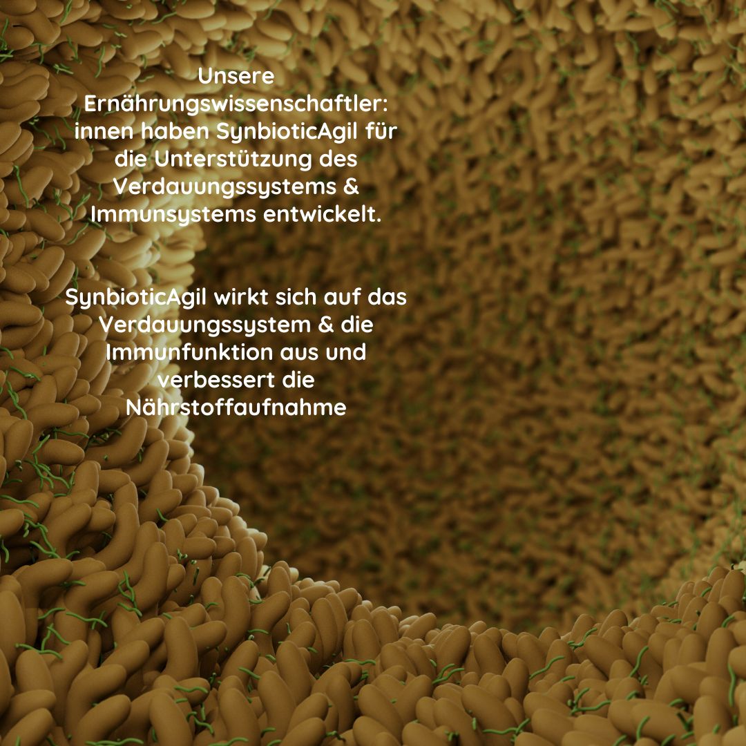 Nahaufnahme der Darmwand. Text: SynbioticAgil wirkt sich auf das Verdauungssystem & die Immunfunktion aus. Verbessert die Nährstoffaufnahme.
