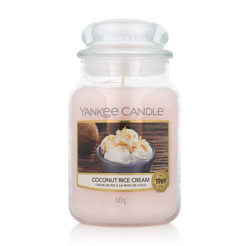 Duftkerze im Glas mit Deckel. Aufkleber mit Produktbild und Text. Marke Yankee Candle. 623g.