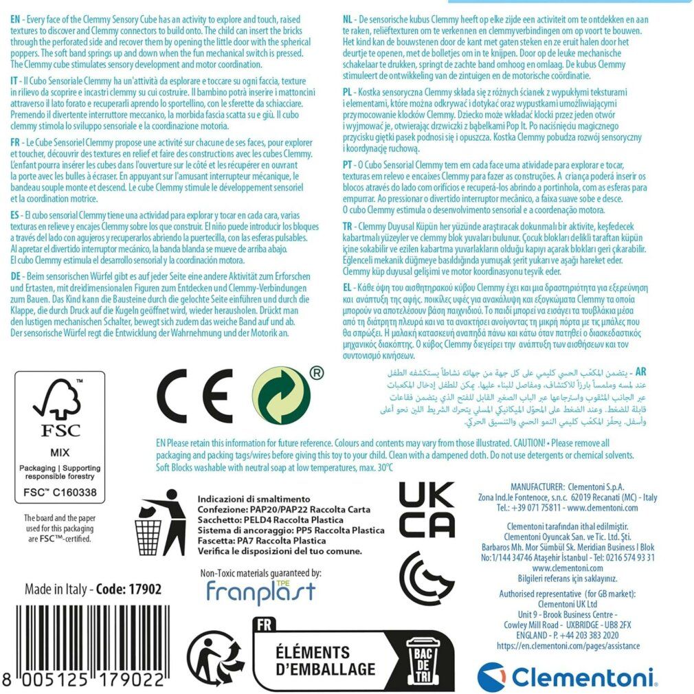 Rückseite der Verpackung für ein Spielzeug. Text in mehreren Sprachen, darunter Deutsch, Französisch, Italienisch und Niederländisch.