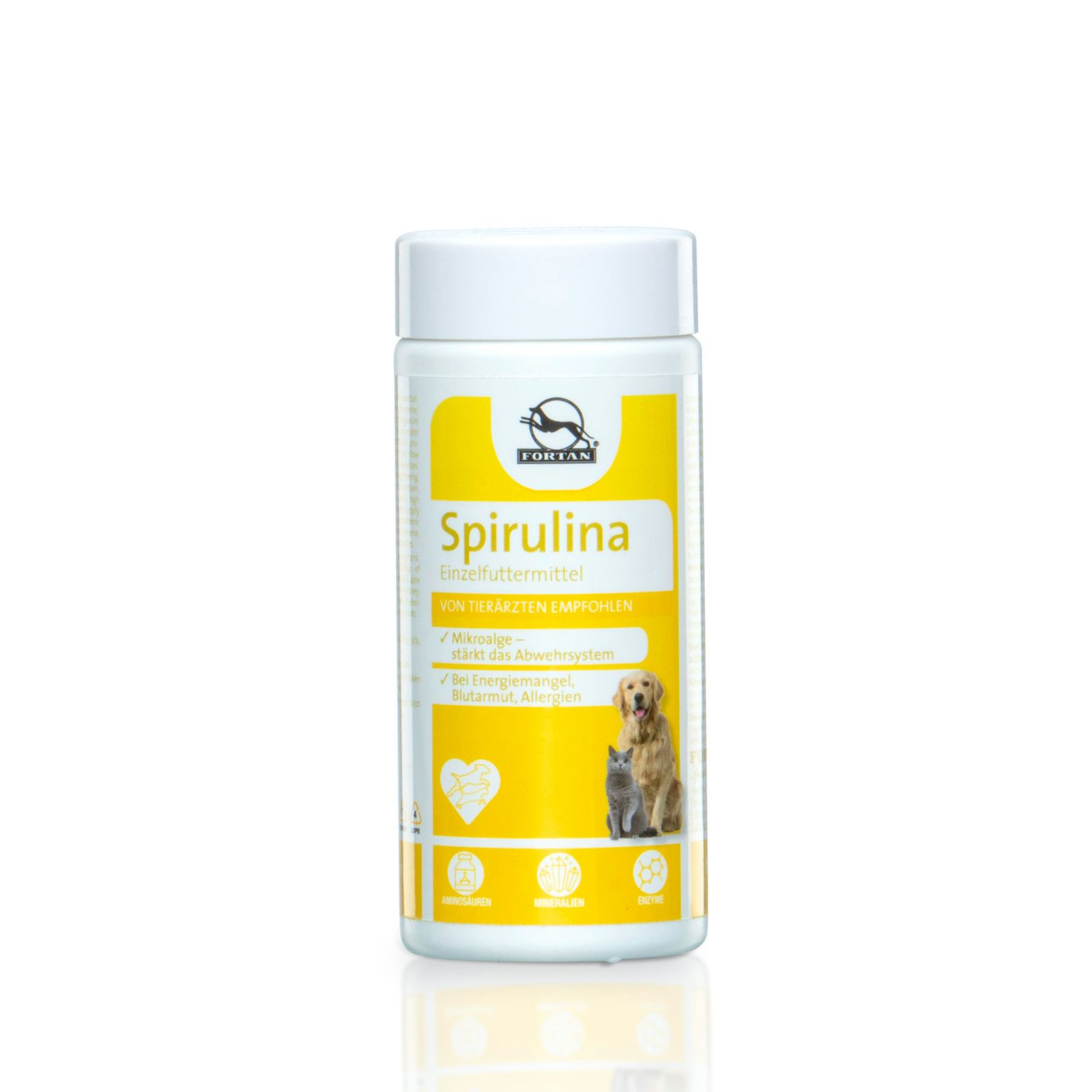 Weißes Fortan Spirulina-Behälter mit gelbem Etikett. Text: Spirulina, Einzelfuttermittel. Abbildung von Hund und Katze.