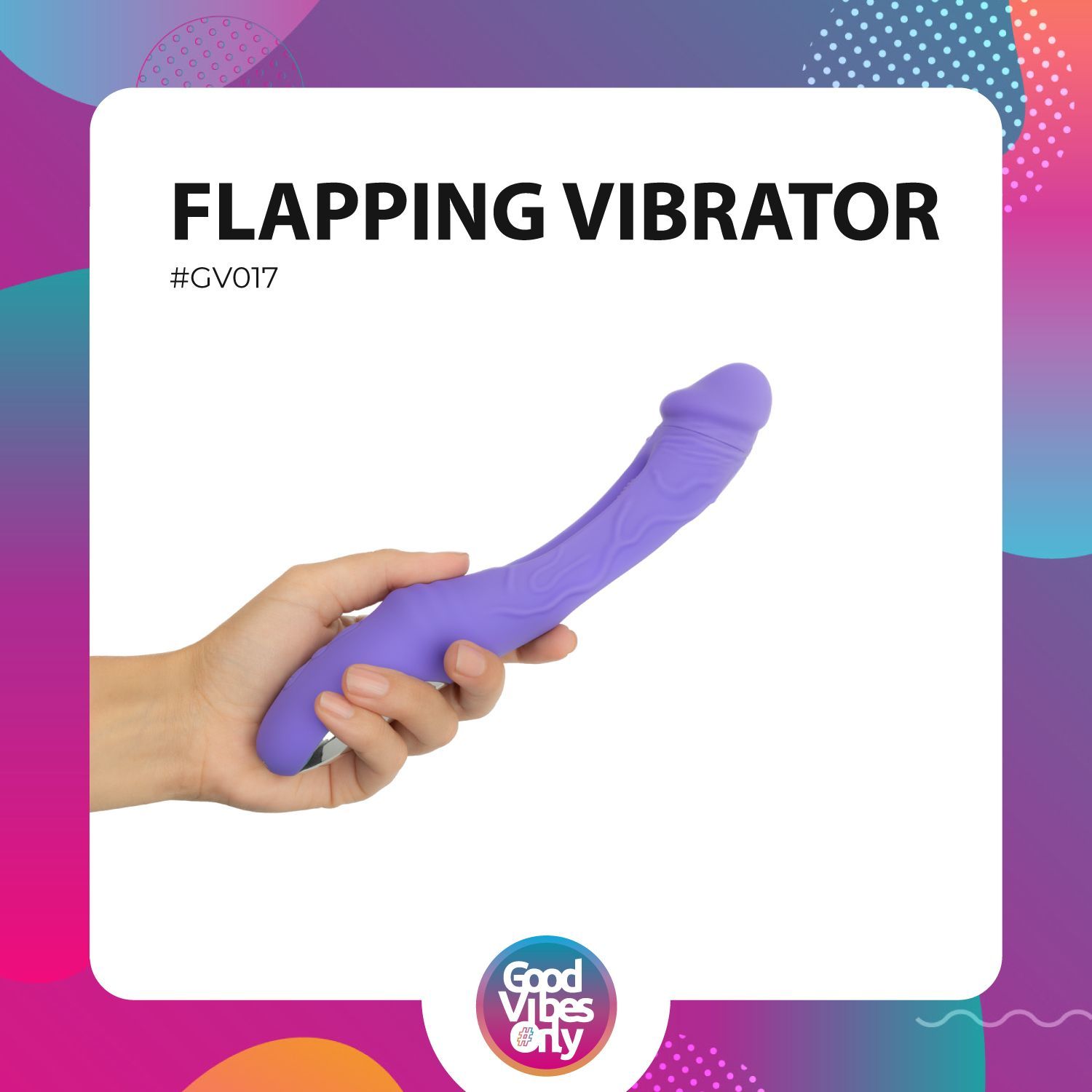 Lila Vibrator in einer Hand. Auf dem Bild steht "Flapping Vibrator".