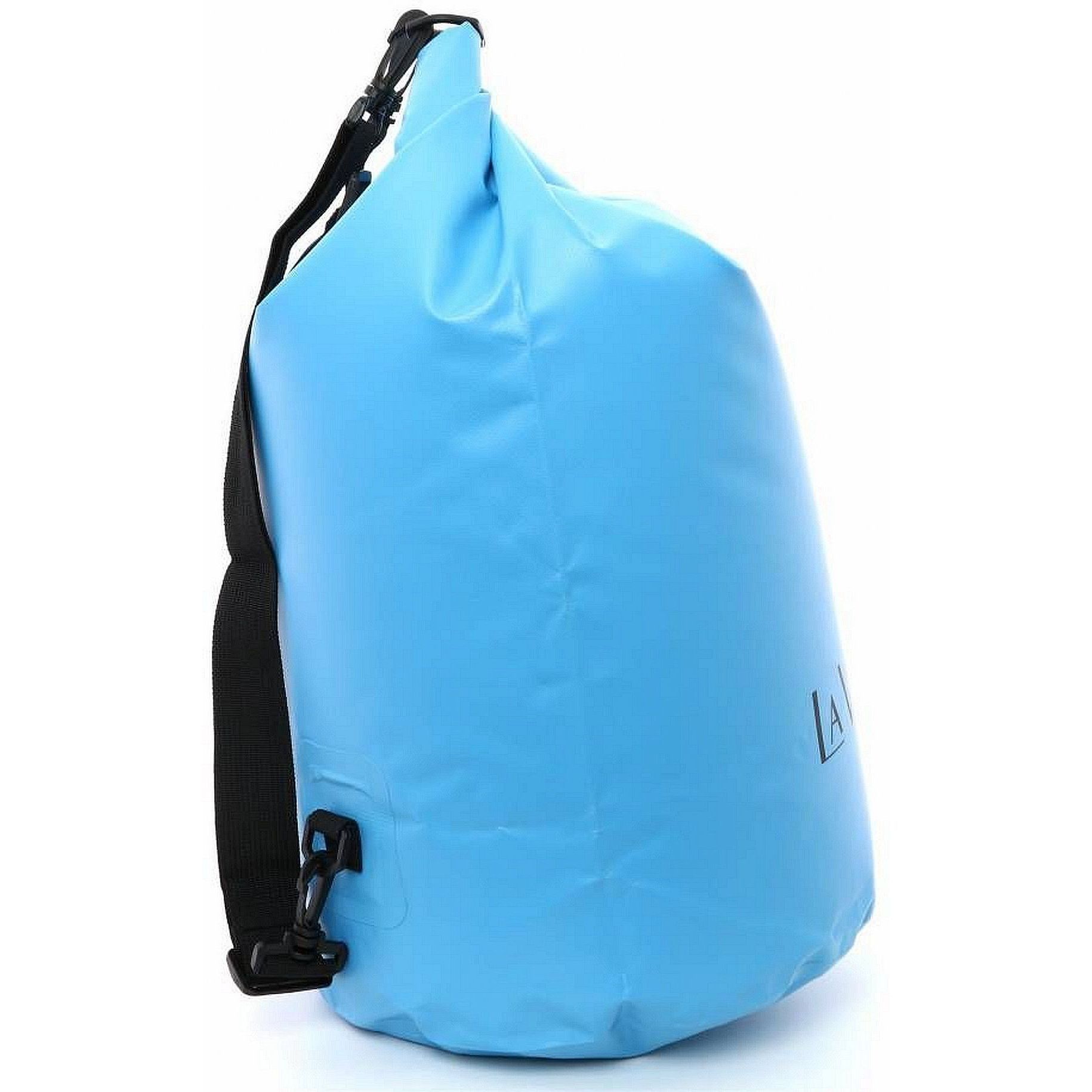 Blauer Packsack mit schwarzem Schultergurt und Verschluss. Logo: LA VAGUE.