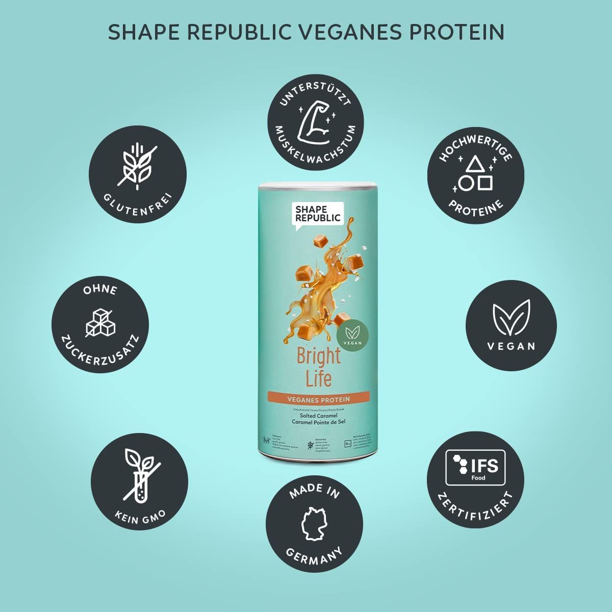 Dose "Bright Life", "Veganes Protein". Logos: Glutenfrei, ohne Zuckerzusatz, hochwertige Proteine, vegan, Made in Germany.