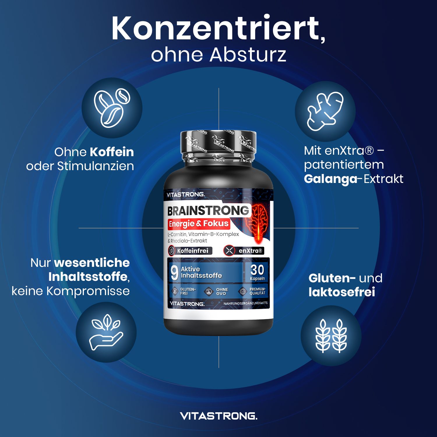 Vitastrong Brainstrong, 30 Kapseln. Flasche mit Text: Brainstrong, 9 Inhaltsstoffe, ohne Koffein. Ohne Gluten und Laktose.