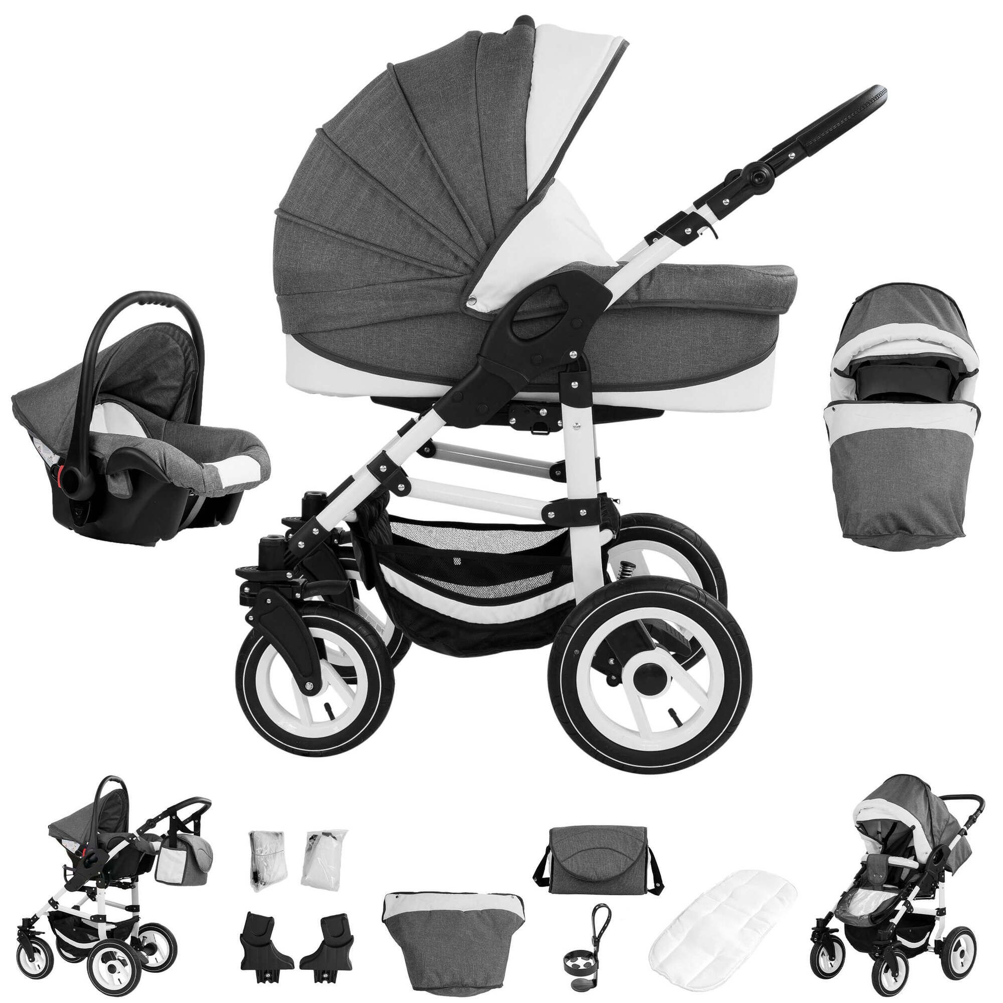 Bebebi Florenz 3 in 1 Kinderwagen Set Luftreifen, Marco Darkgrey White