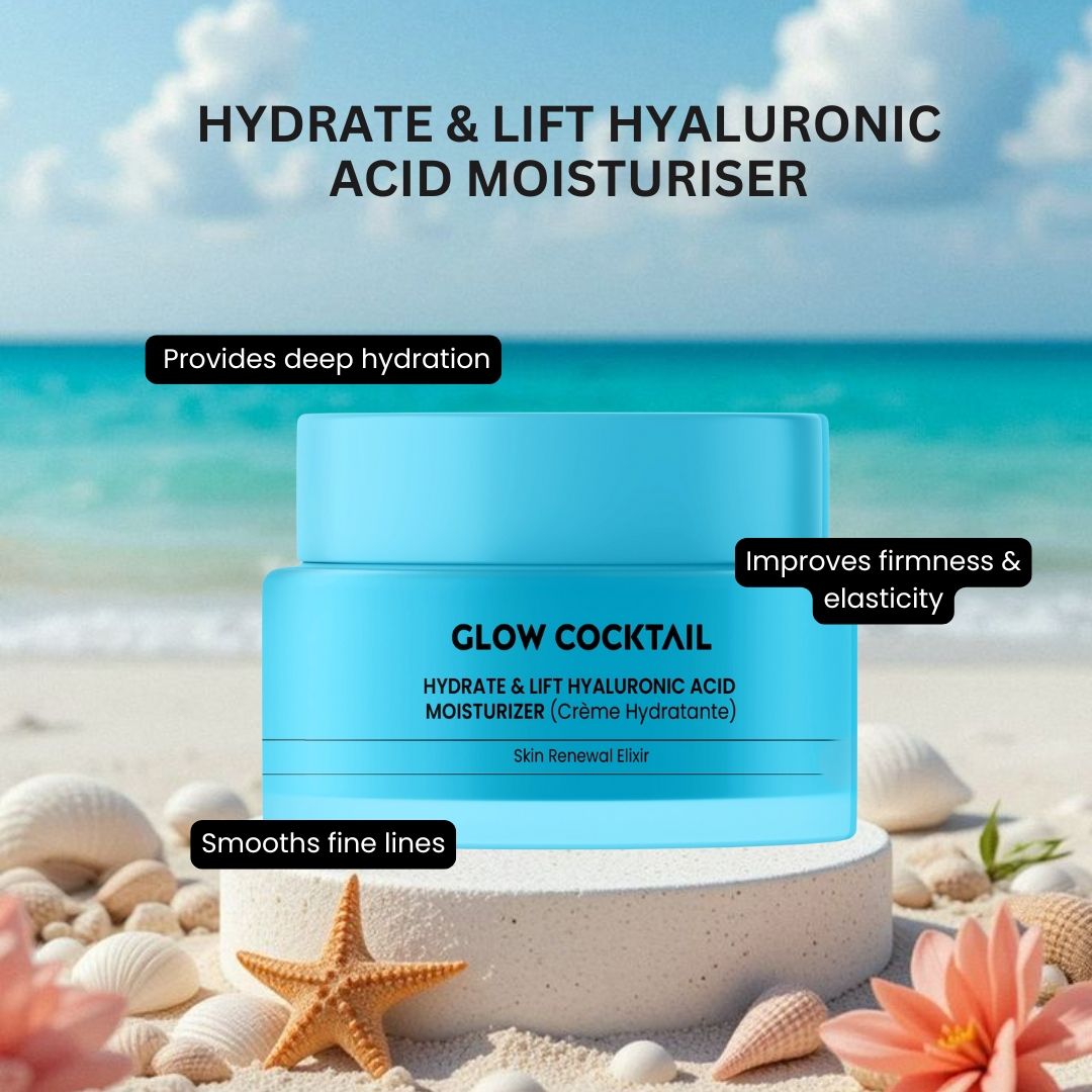 Hellblaue Creme-Dose mit Deckel auf Sand. Aufschrift: GLOW COCKTAIL, HYDRATE & LIFT HYALURONIC ACID MOISTURIZER (Crème Hydratante).
