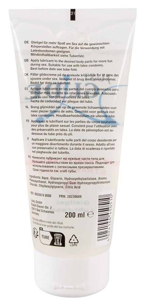 Transparente Tube mit Text. Rückseite mit Inhaltsstoffen, Gebrauchsanweisung und Haltbarkeitsdatum. 200 ml.