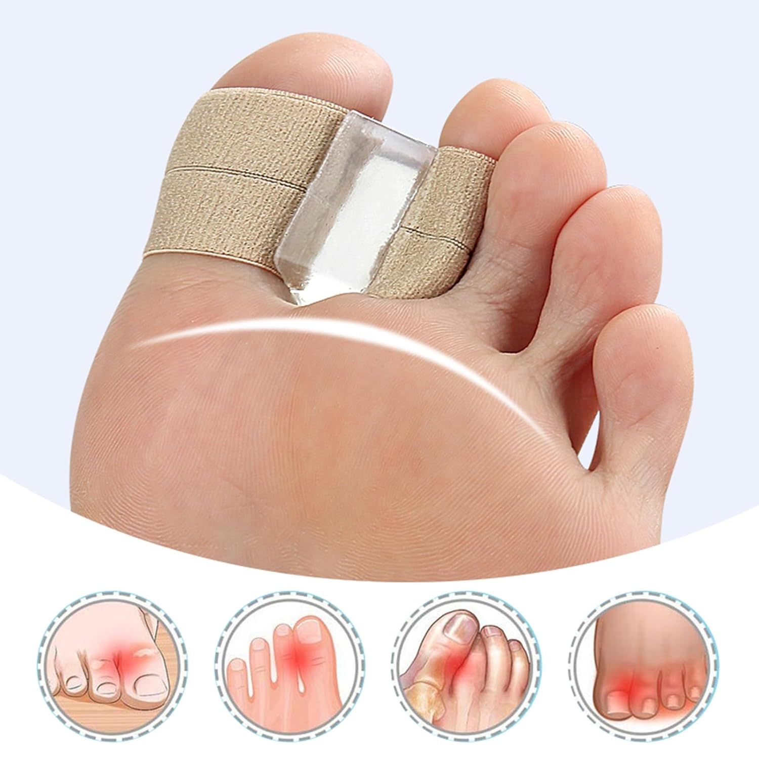 Zehenspreizer mit Band. Beige Bandage mit Silikon-Zehentrenner. Nahaufnahme eines Fußes mit dem Produkt. Illustrationen von Fußproblemen.