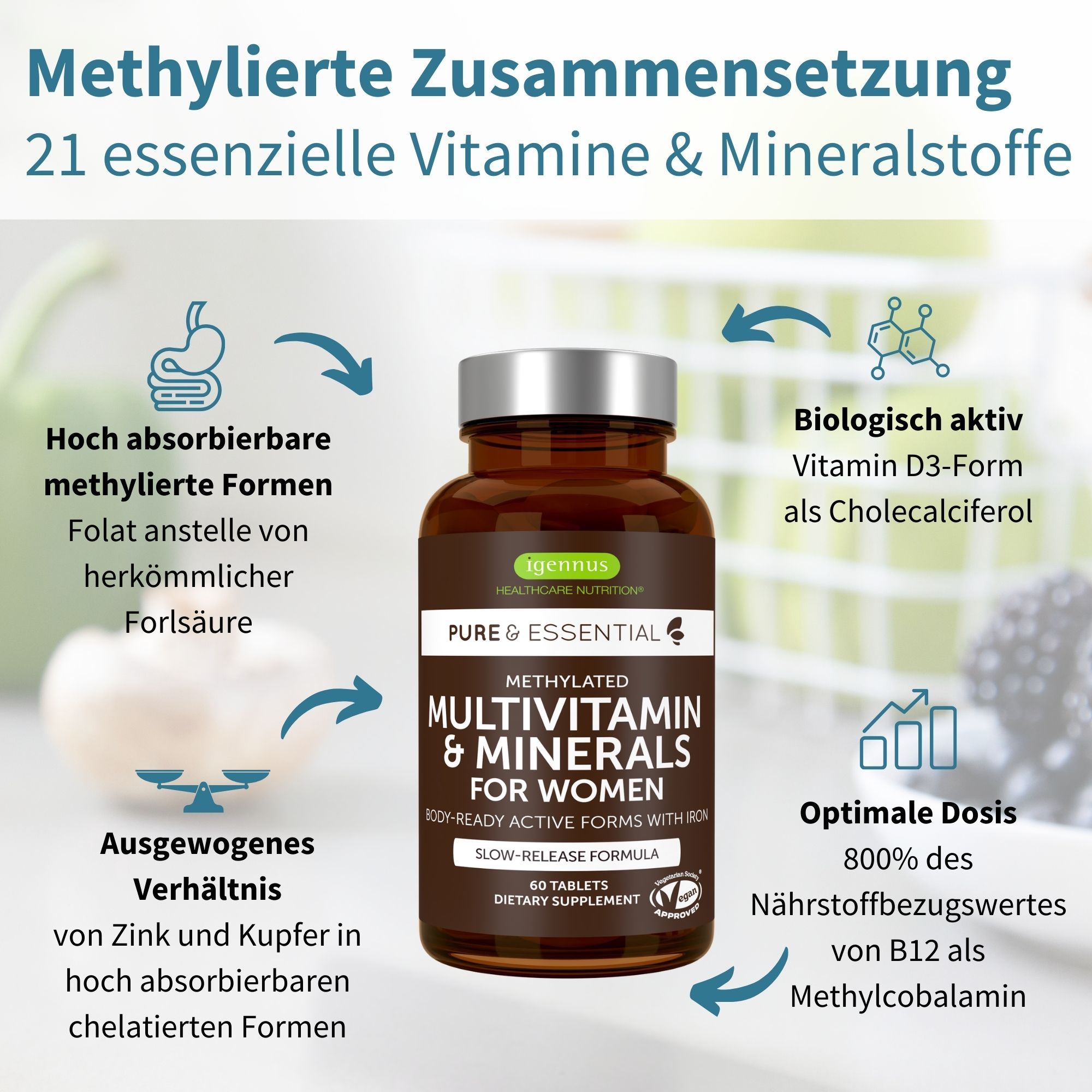 Igennus Hochdosiertes Methyliertes Multivitamin für Frauen, 60 Tabletten