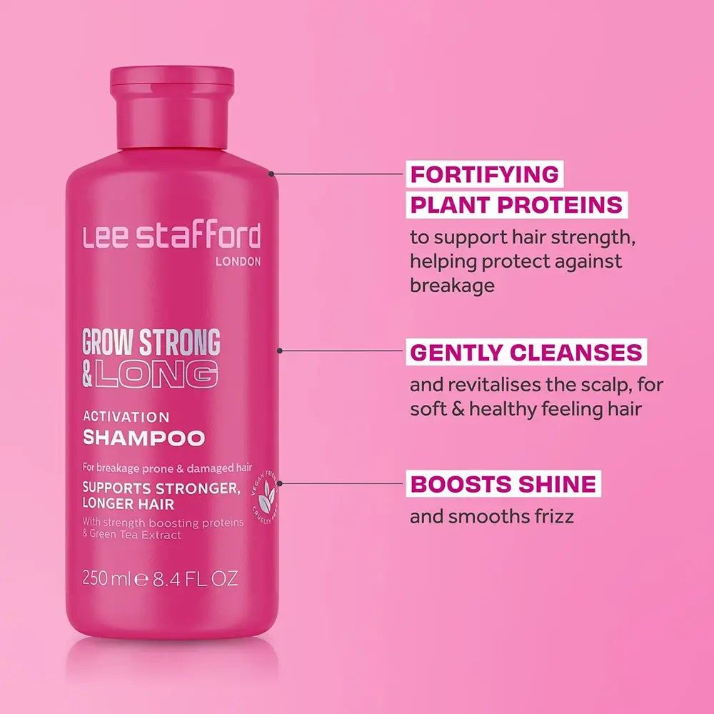 Flasche Lee Stafford Grow Strong & Long Aktivierungs-Shampoo, 250ml, pink, mit Erläuterungen zu pflanzlichen Proteinen und sanfter Reinigung.