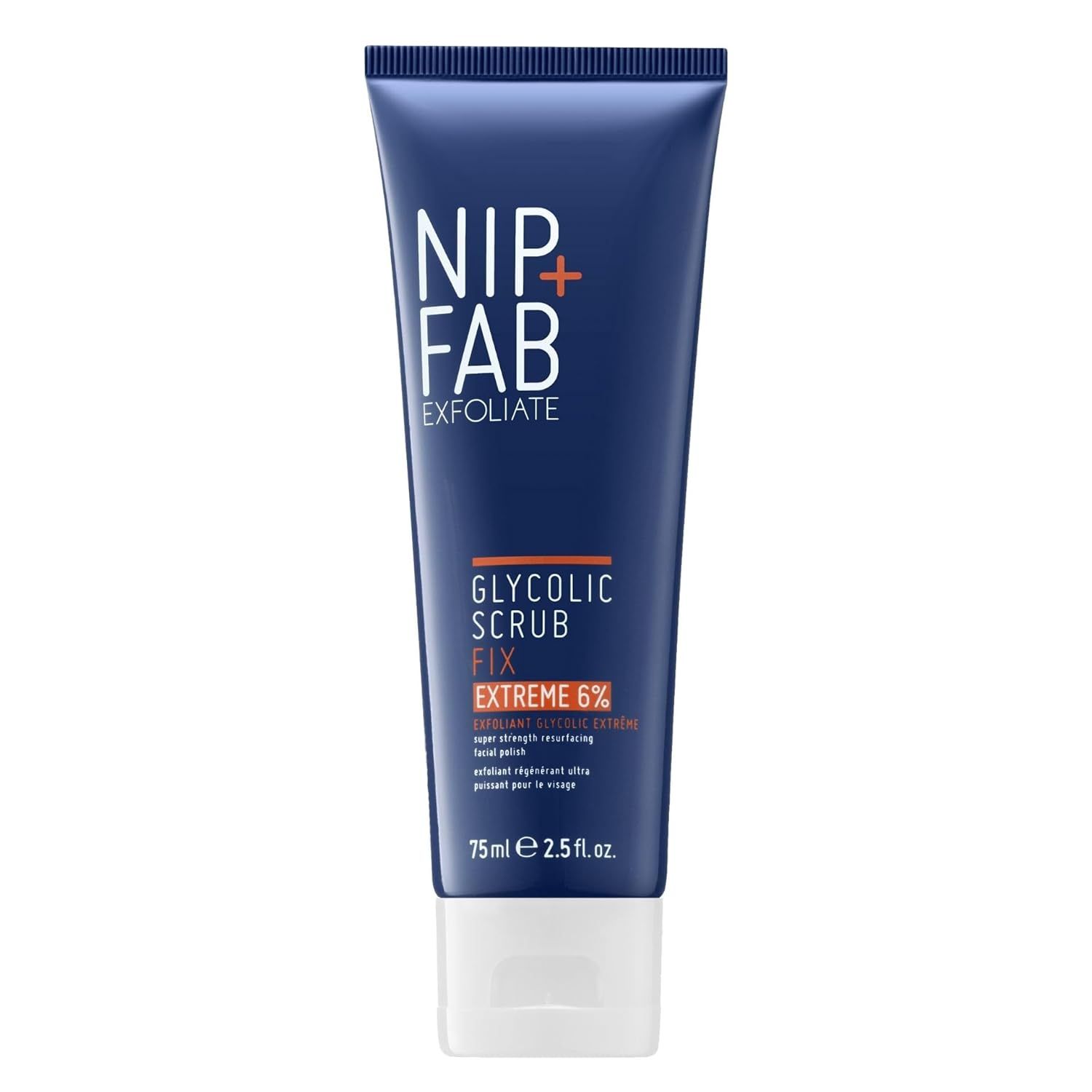 Blau-weiße Tube mit Produktaufschrift. "NIP+FAB EXFOLIATE GLYCOLIC SCRUB FIX EXTREME 6%" und Volumenangabe.