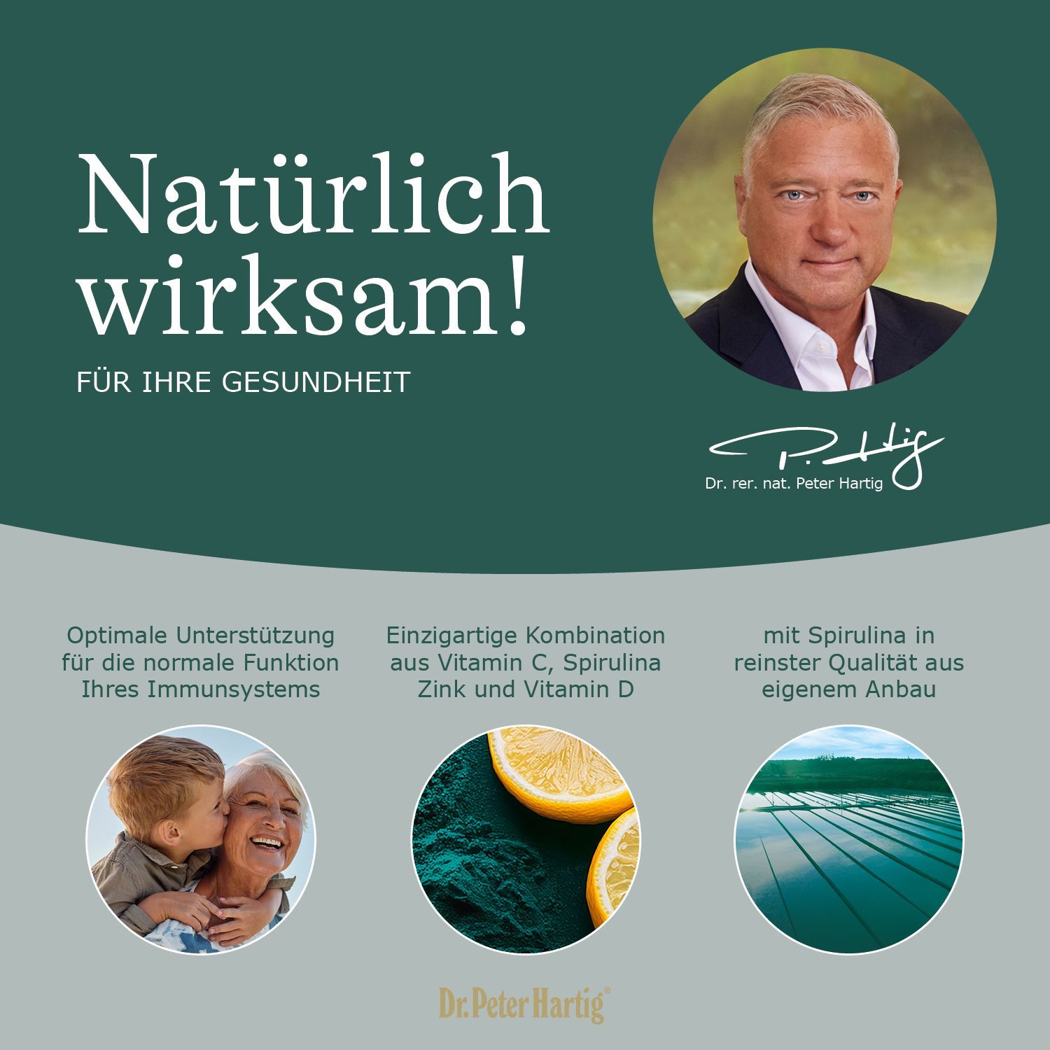 Infografik mit zwei Kapseln. Text: Täglich 2 Kapseln mit ausreichend Flüssigkeit verzehren. Nährstoffangaben: Zink, Vitamin C, Vitamin D.