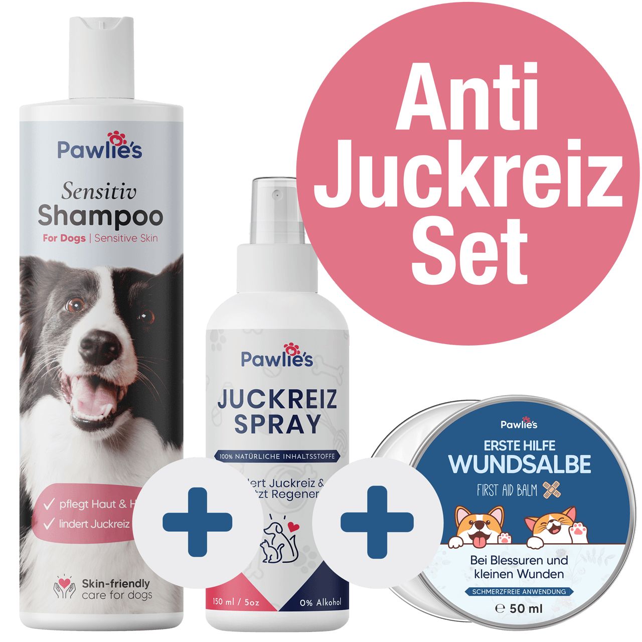 Set mit Shampoo, Spray und Wundsalbe. Shampoo-Flasche mit Hundefoto. Spray-Flasche und Dose mit Produktnamen. Rosa Kreis mit "Anti Juckreiz Set".