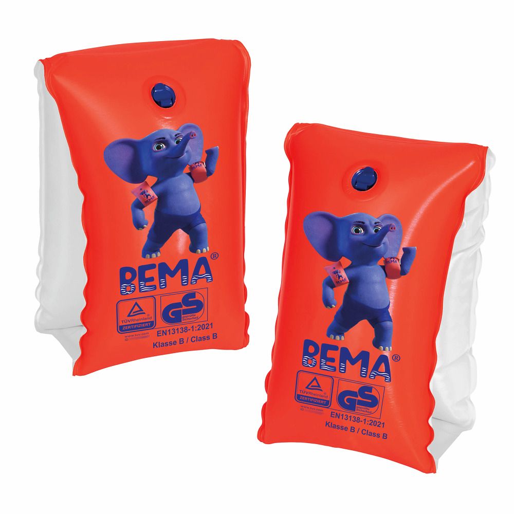 Orange BEMA Schwimmflügel mit Elefantenmotiv und GS-Siegel, für Kinder.