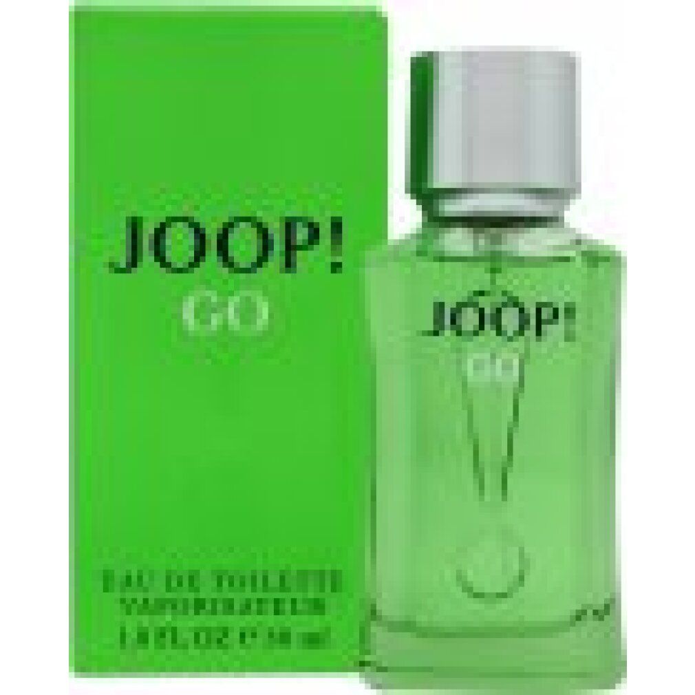 Grüne Flasche und Schachtel mit "JOOP! GO"-Logo. Eau de Toilette Vaporisateur. 1.0 FL OZ e 30 ml.