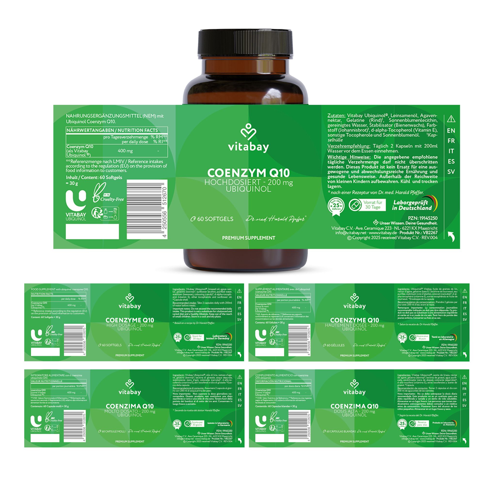 Produktflasche mit Etiketten. Enthält Informationen zu Inhaltsstoffen und Dosierung. Vitabay Logo.