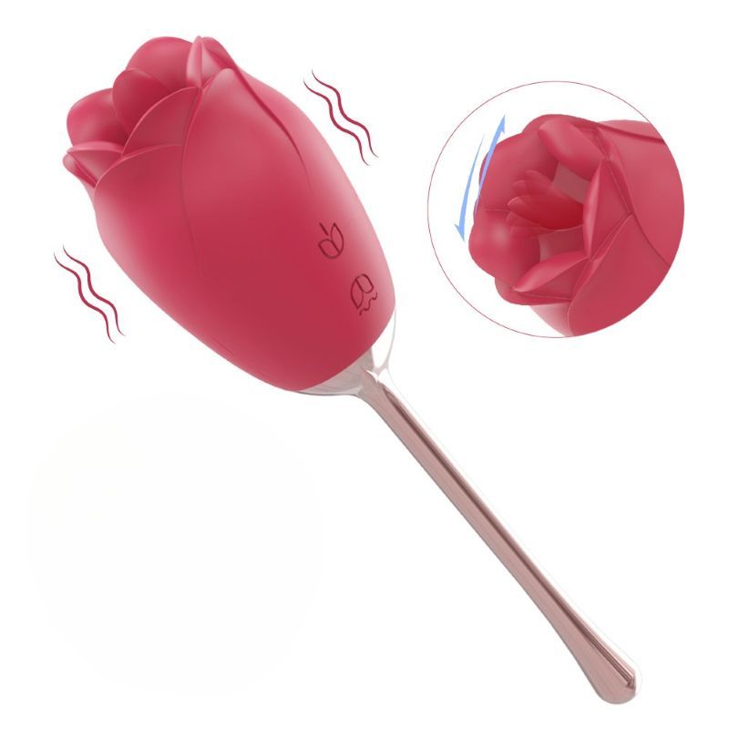 Roter Vibrator in Rosenform mit Stiel. Nahaufnahme der Blütenblätter. Vibrationsmuster.